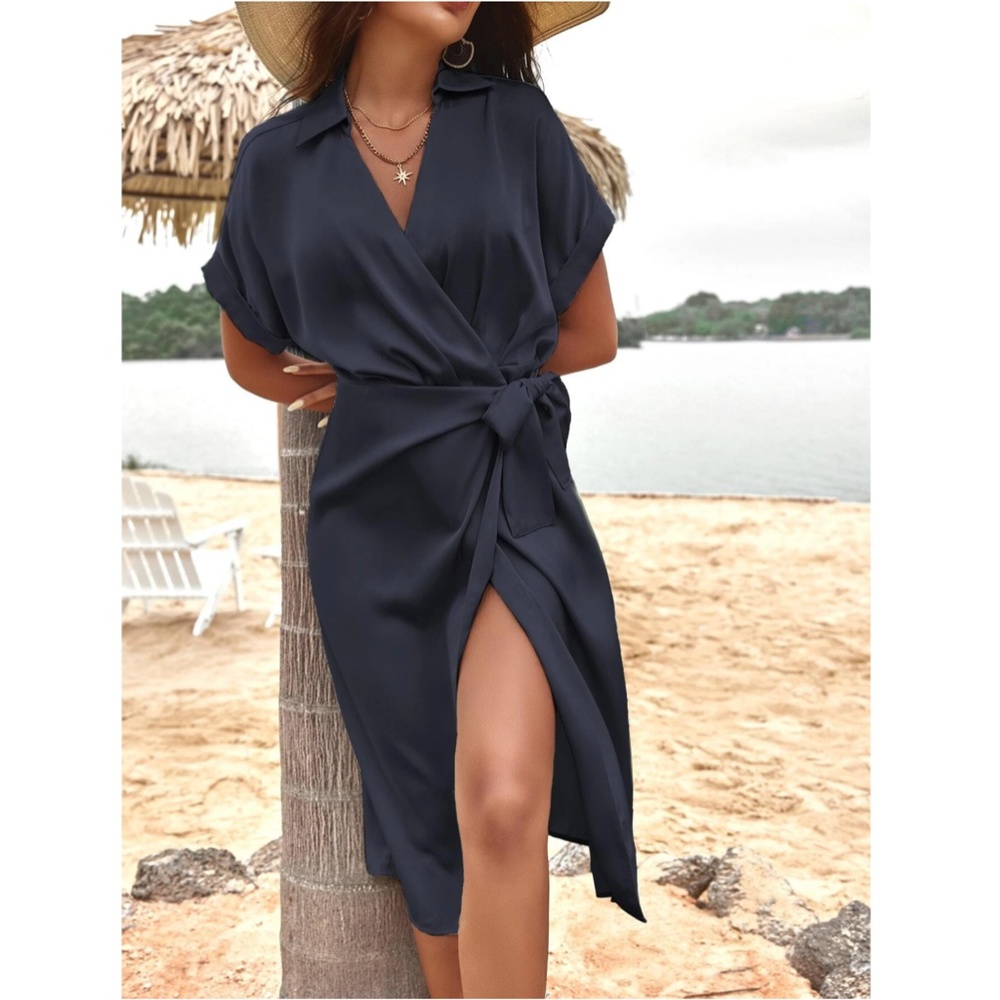 Navy Blue Satin Wrap Dress Side Tie Short Rolled Up Sleeves - Picture 6 of 7